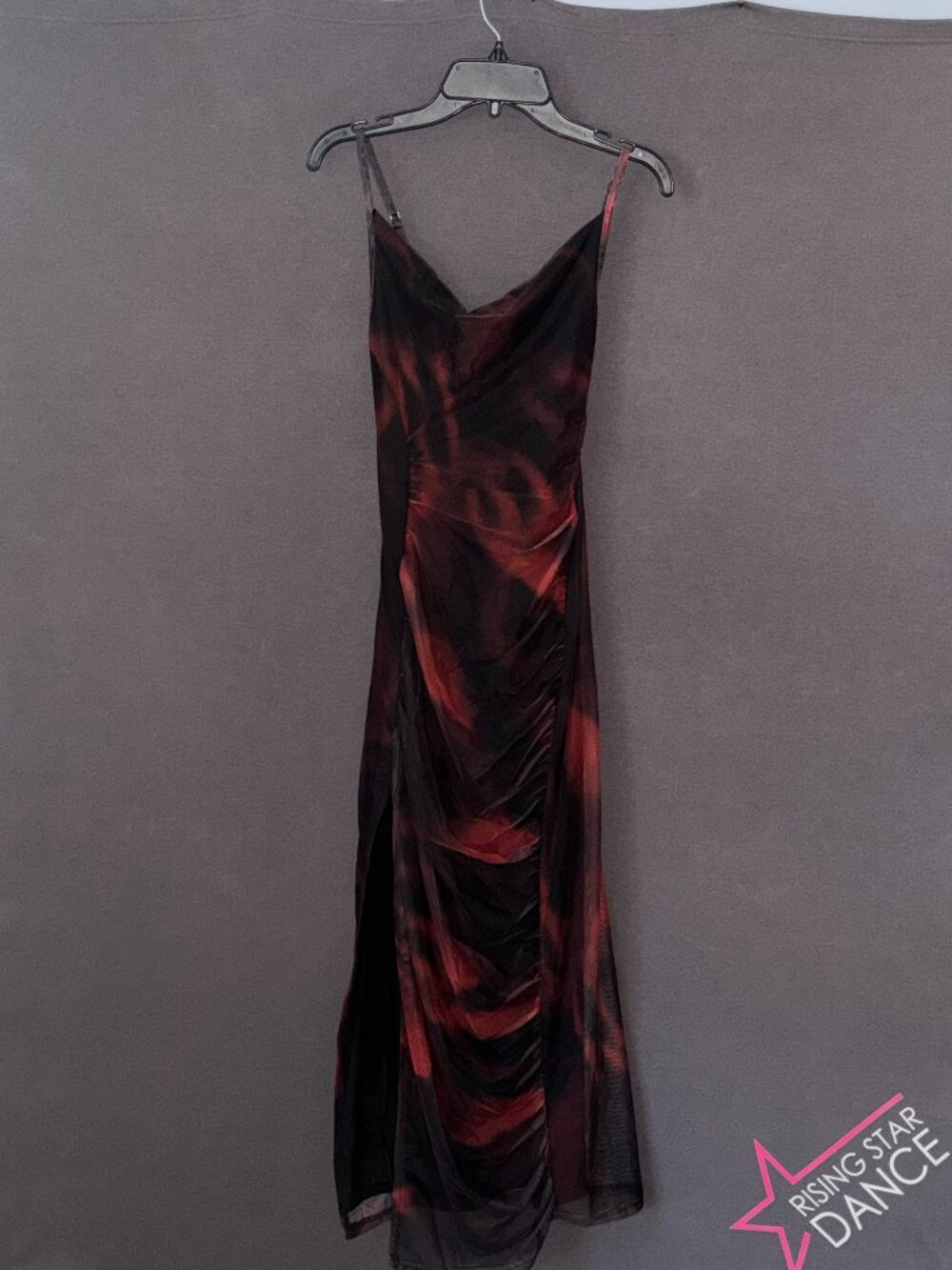 Cider Burgundy Black Abstract Mesh Cowl Neck Ruched Split Midi Dress S